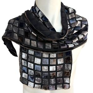 Echo Velvet Burnout Silk Blend Scarf – Black Taupe Grey Geometric